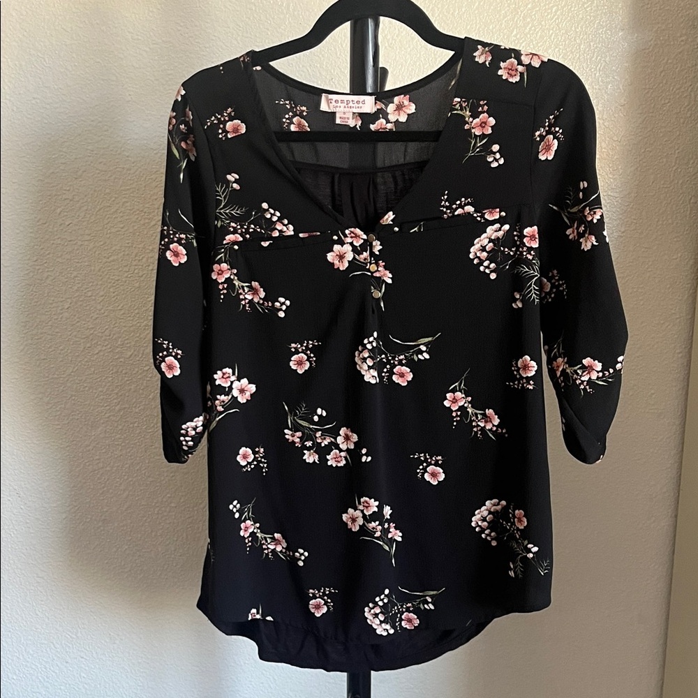 Tempted Black Blouse with Pink Floral Design